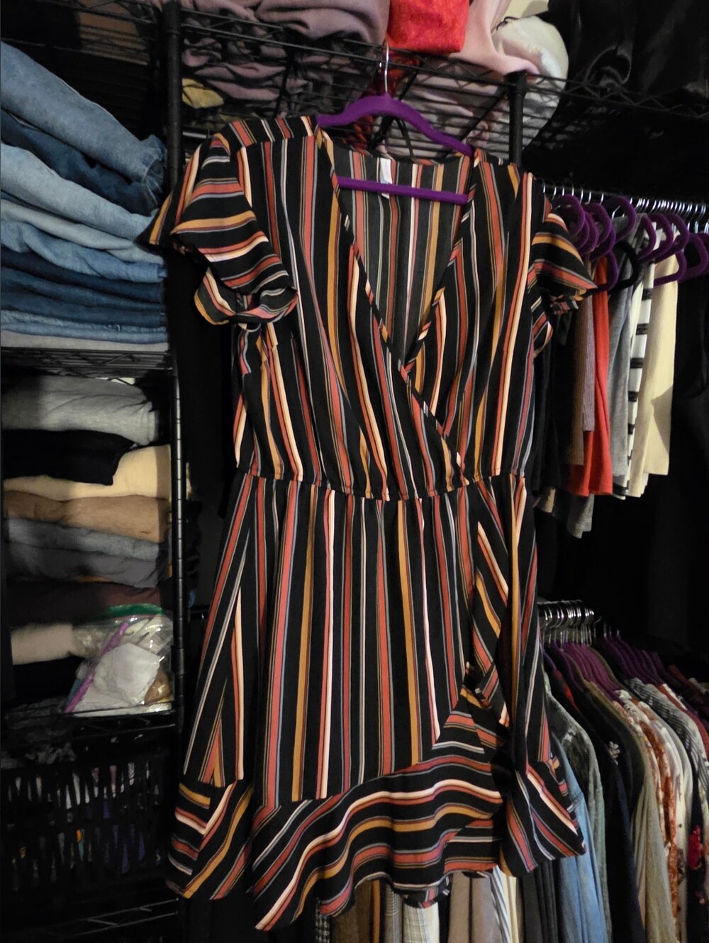 Xhiliration Women's Striped Wrap Dress - Black with Multicolor Stripes